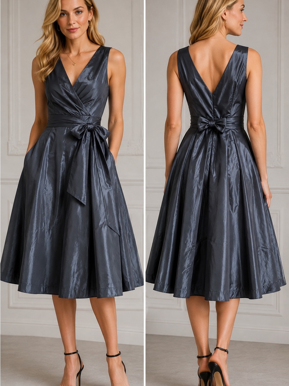 Max & Cleo Charcoal Shimmer V-Neck Tie-Waist Midi Dress